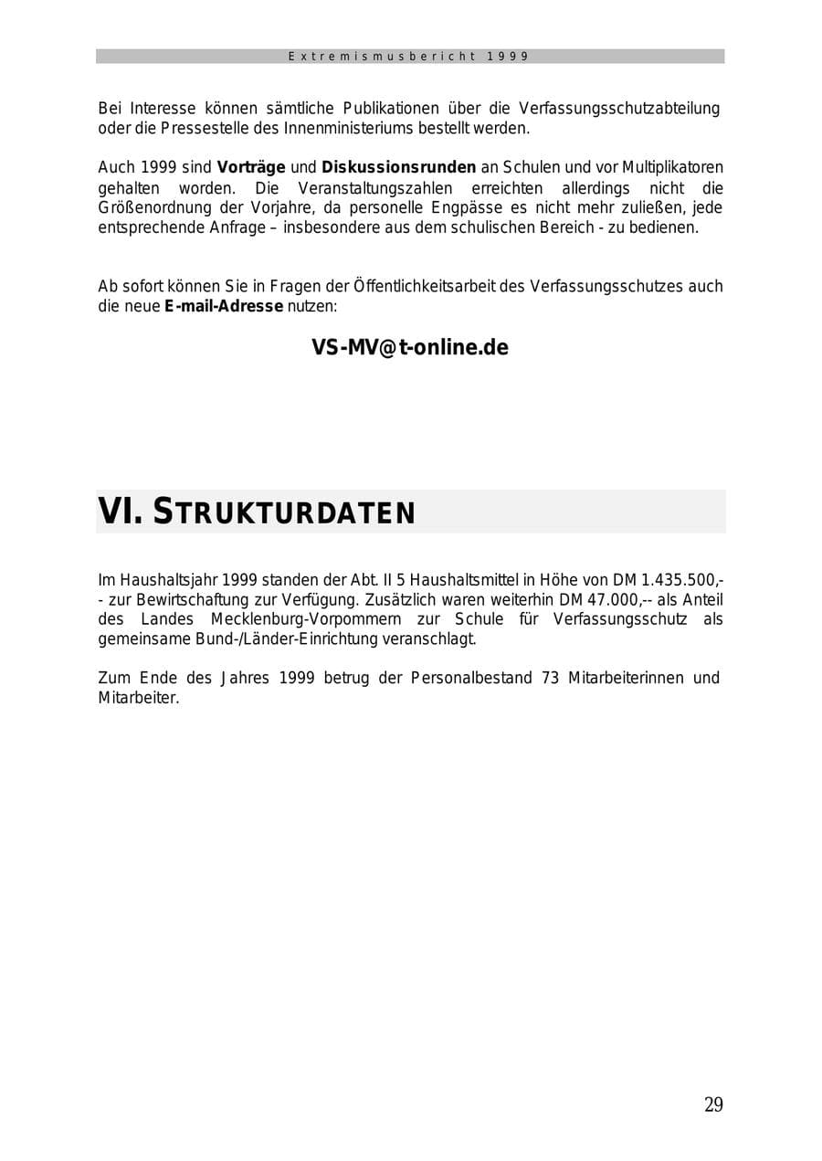 Seite 30 des Verfassungsschutzbericht 1999 Mecklenburg-Vorpommern
