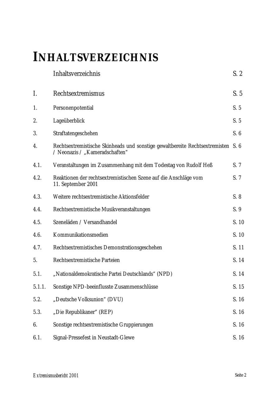 Seite 2 des Verfassungsschutzbericht 2001 Mecklenburg-Vorpommern