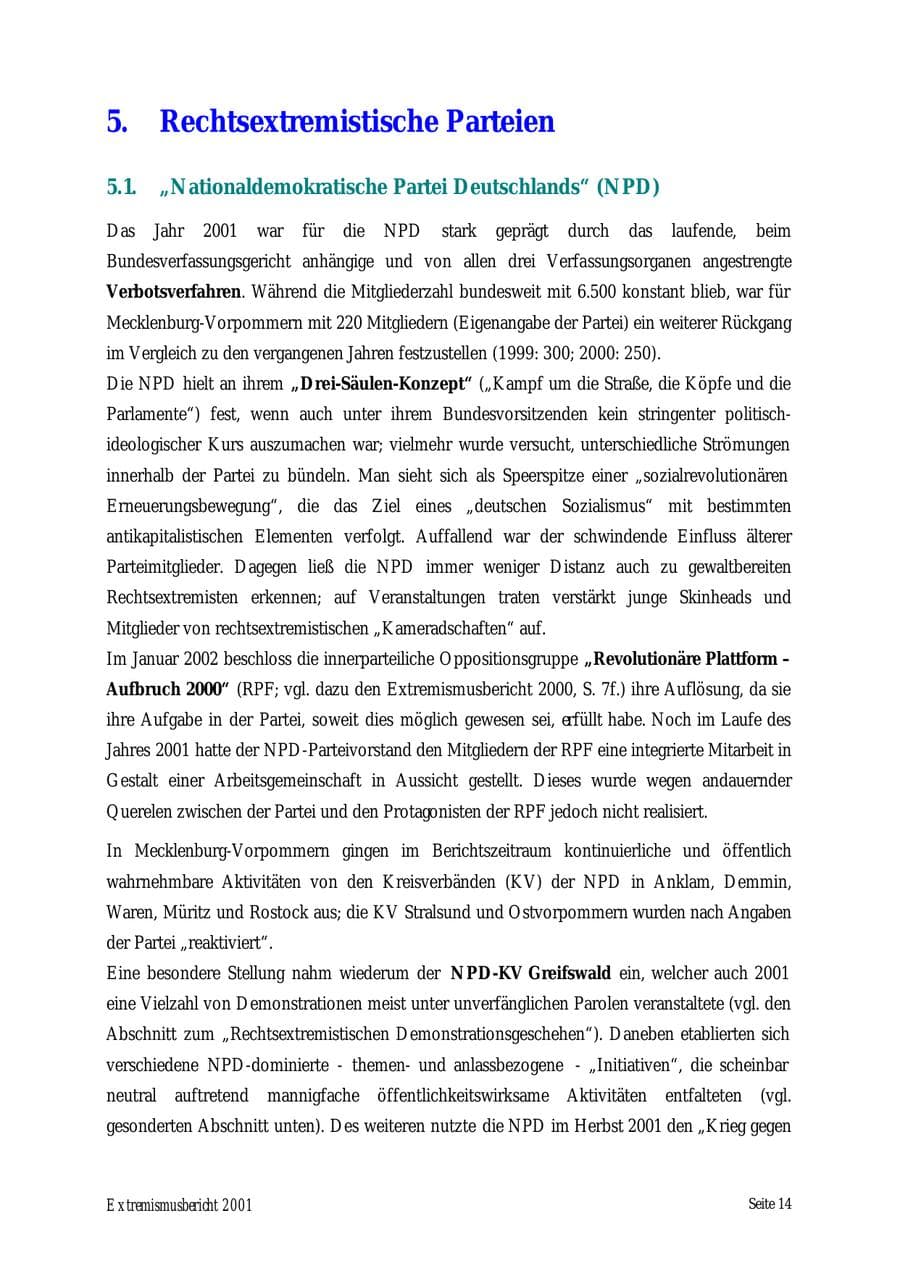 Seite 14 des Verfassungsschutzbericht 2001 Mecklenburg-Vorpommern