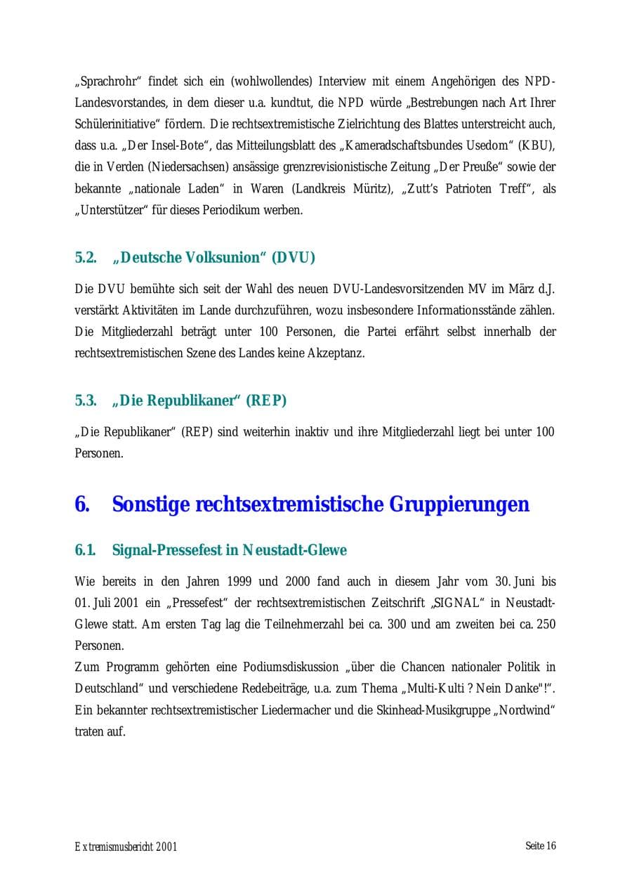 Seite 16 des Verfassungsschutzbericht 2001 Mecklenburg-Vorpommern