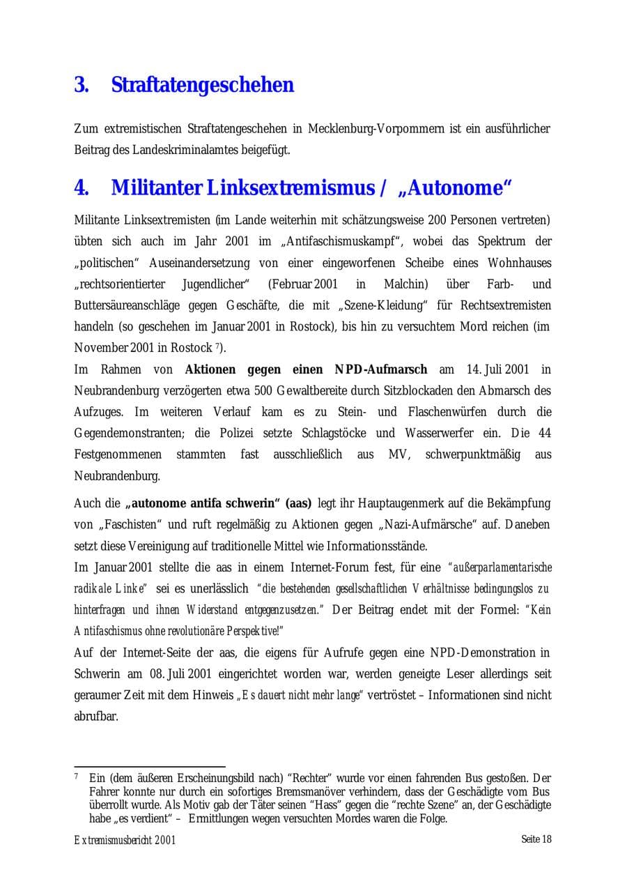 Seite 18 des Verfassungsschutzbericht 2001 Mecklenburg-Vorpommern