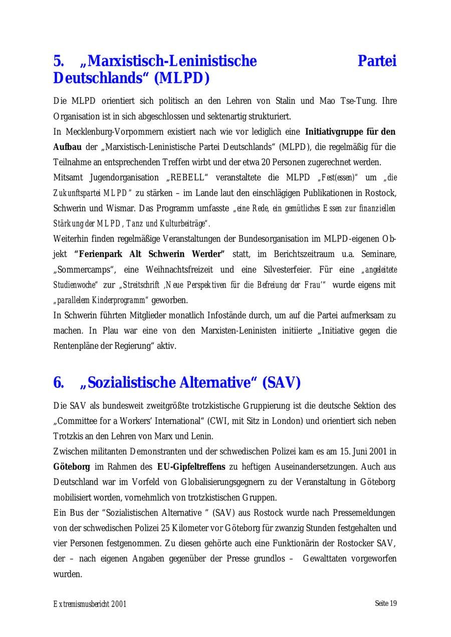 Seite 19 des Verfassungsschutzbericht 2001 Mecklenburg-Vorpommern