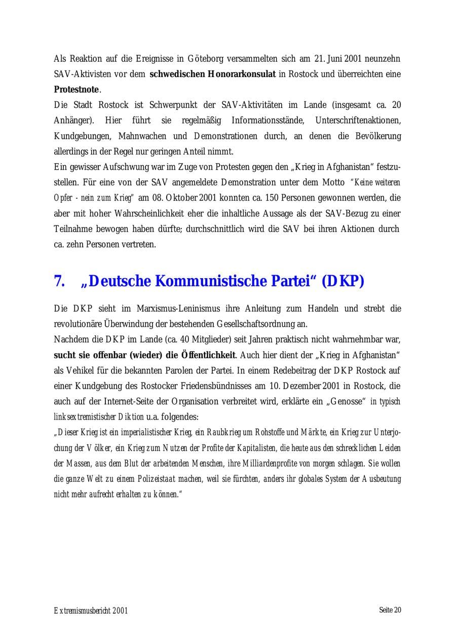 Seite 20 des Verfassungsschutzbericht 2001 Mecklenburg-Vorpommern