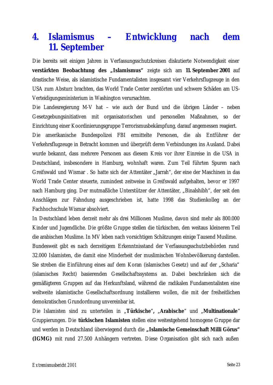 Seite 23 des Verfassungsschutzbericht 2001 Mecklenburg-Vorpommern