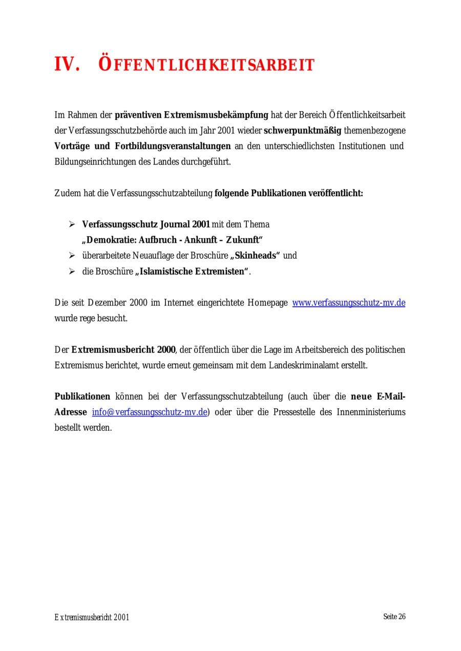 Seite 26 des Verfassungsschutzbericht 2001 Mecklenburg-Vorpommern