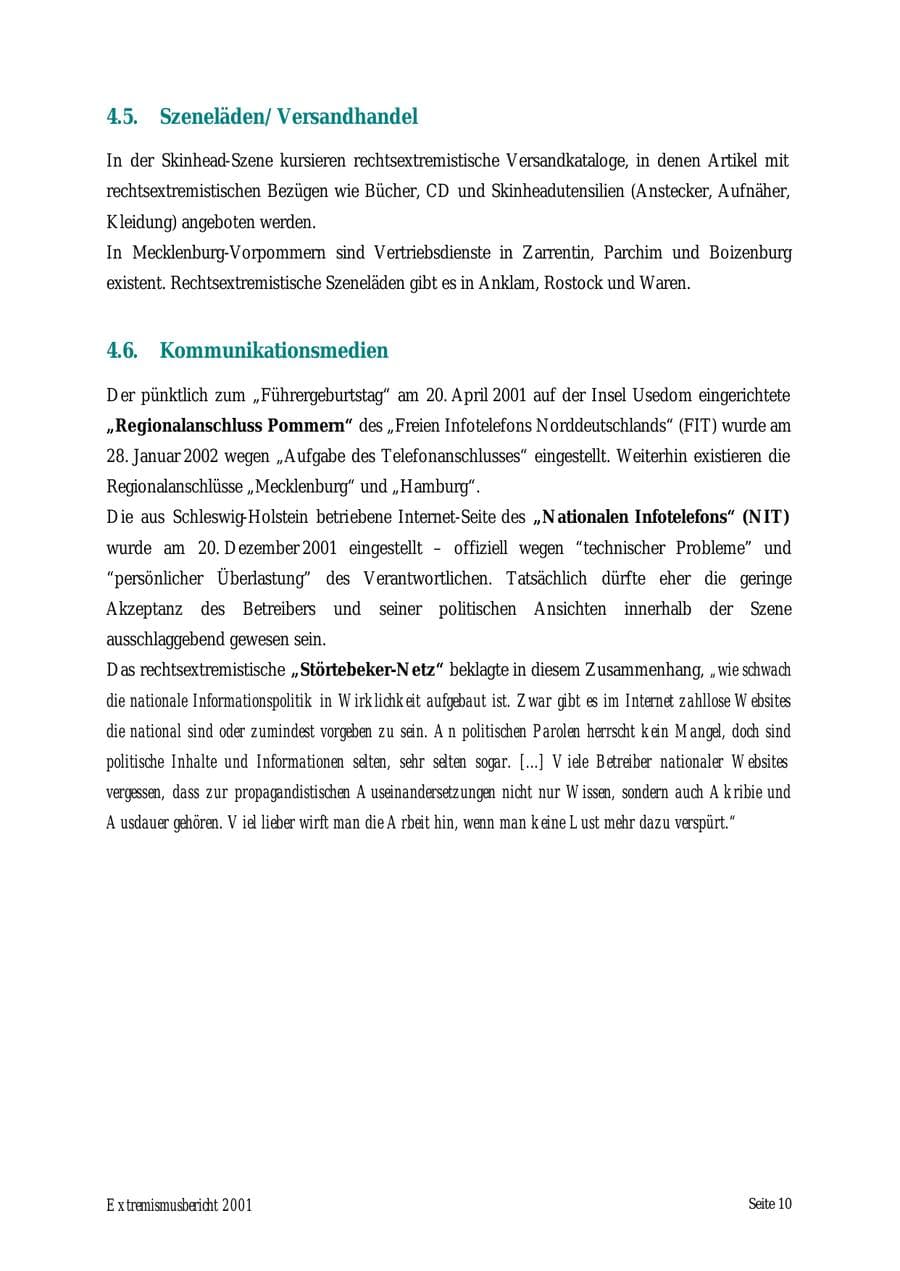 Seite 10 des Verfassungsschutzbericht 2001 Mecklenburg-Vorpommern