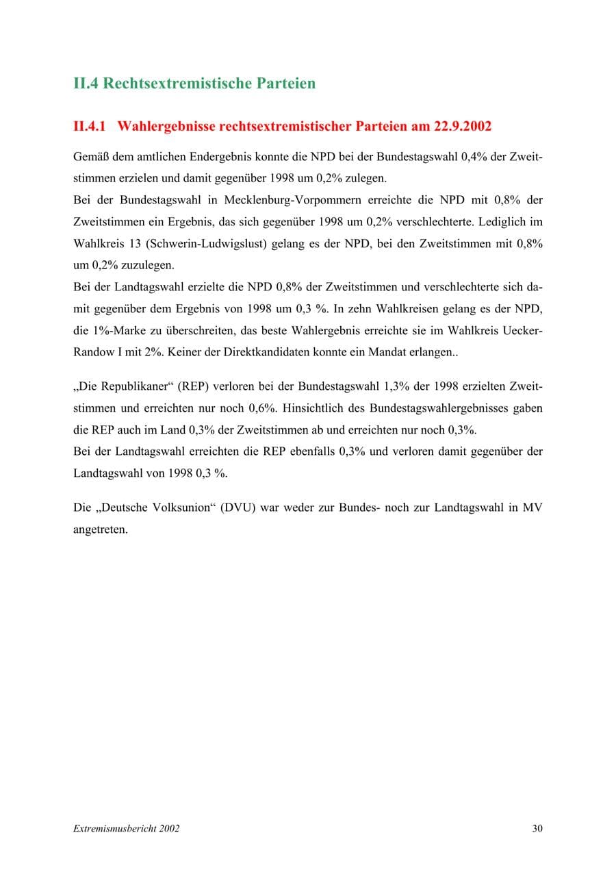 Seite 30 des Verfassungsschutzbericht 2002 Mecklenburg-Vorpommern