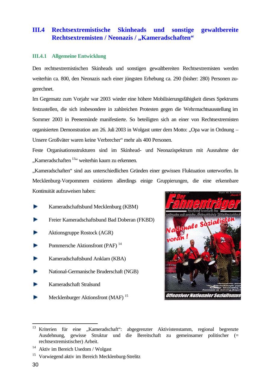 Seite 30 des Verfassungsschutzbericht 2003 Mecklenburg-Vorpommern