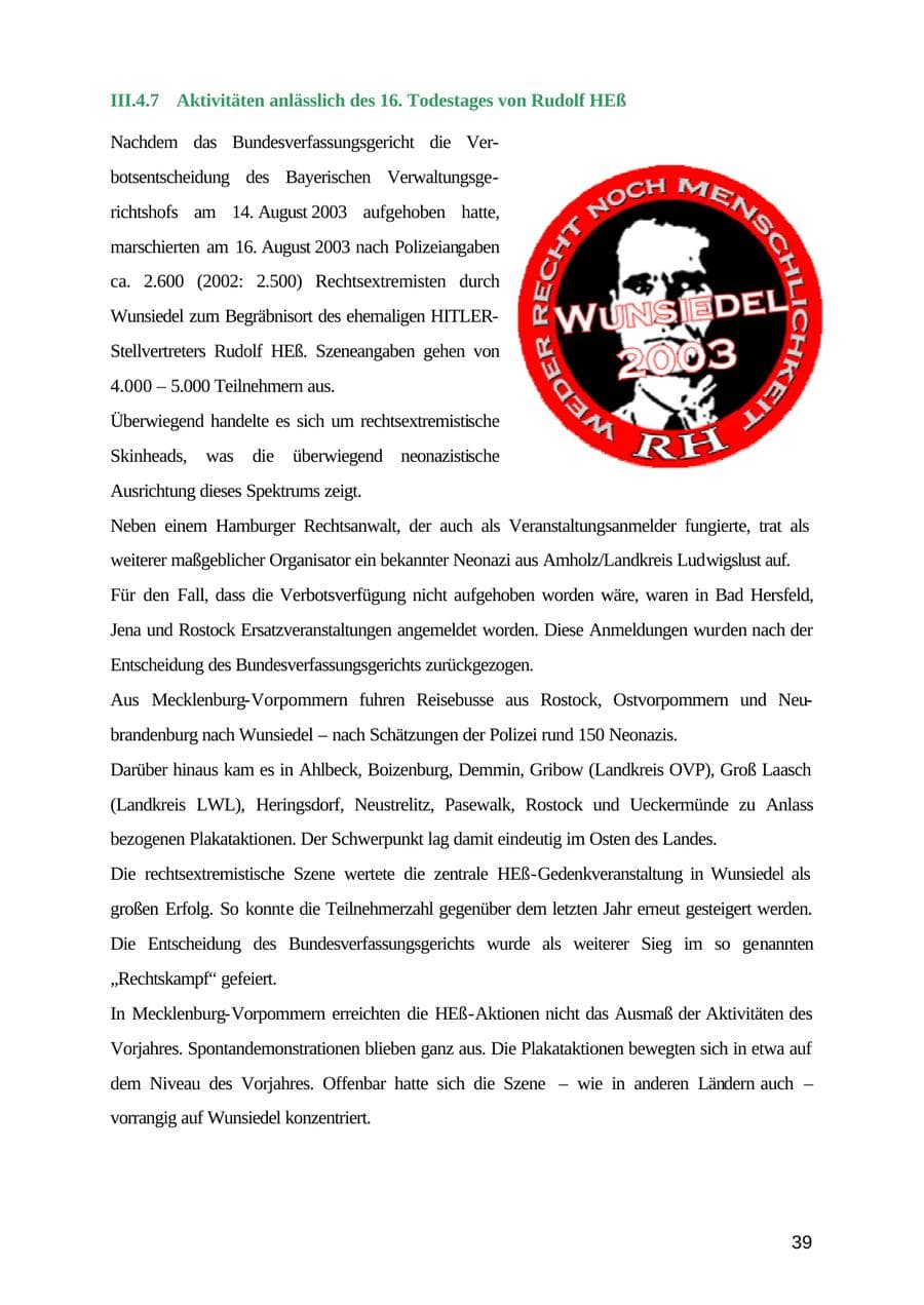 Seite 39 des Verfassungsschutzbericht 2003 Mecklenburg-Vorpommern