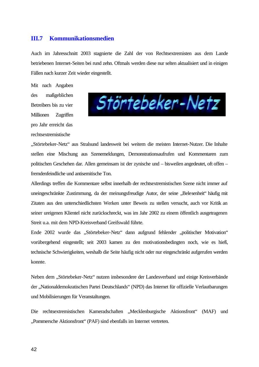 Seite 42 des Verfassungsschutzbericht 2003 Mecklenburg-Vorpommern