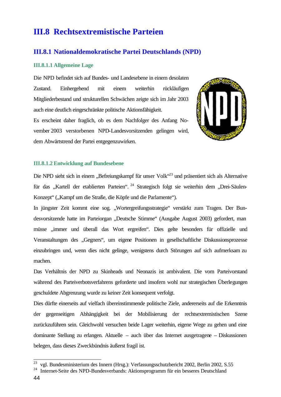 Seite 44 des Verfassungsschutzbericht 2003 Mecklenburg-Vorpommern