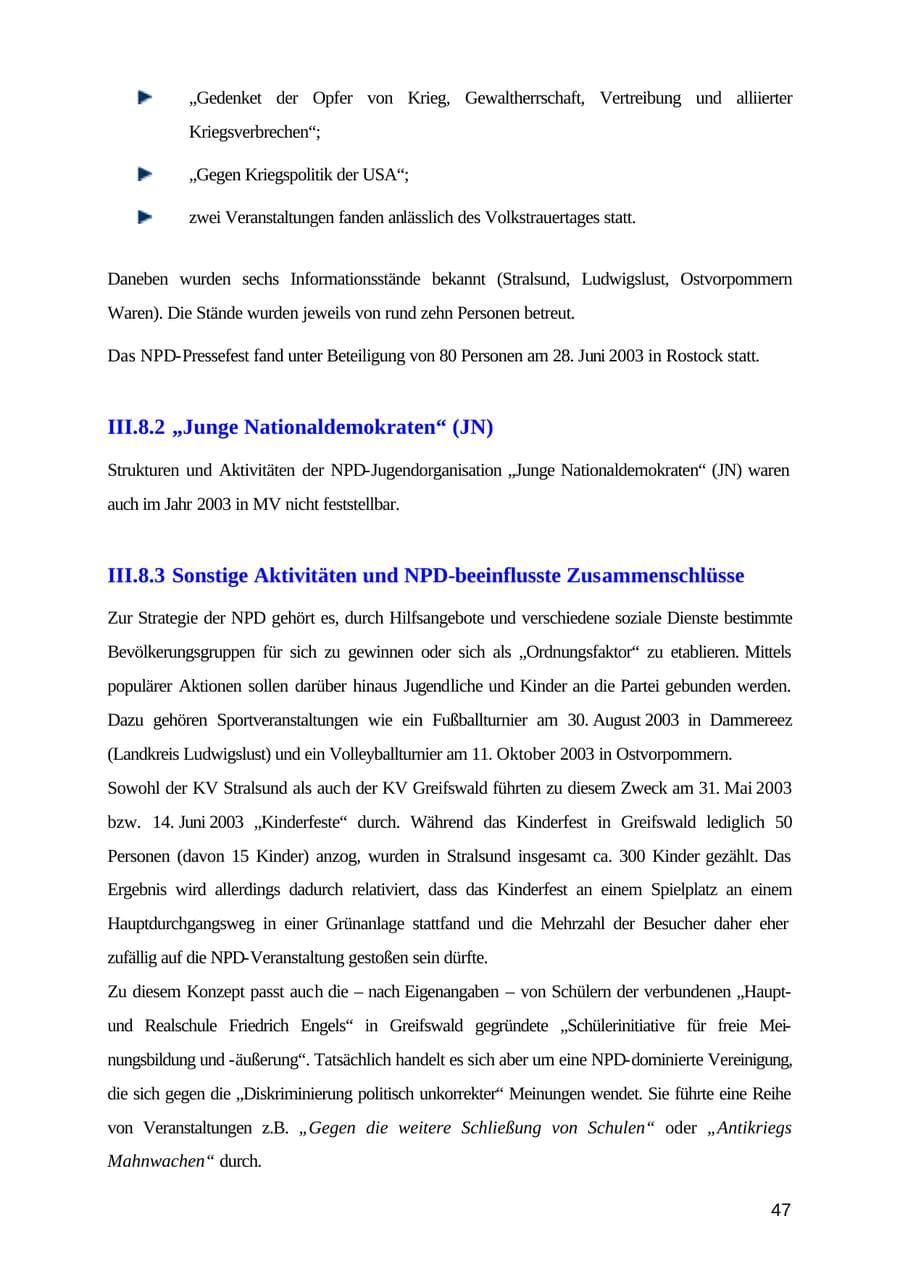 Seite 47 des Verfassungsschutzbericht 2003 Mecklenburg-Vorpommern
