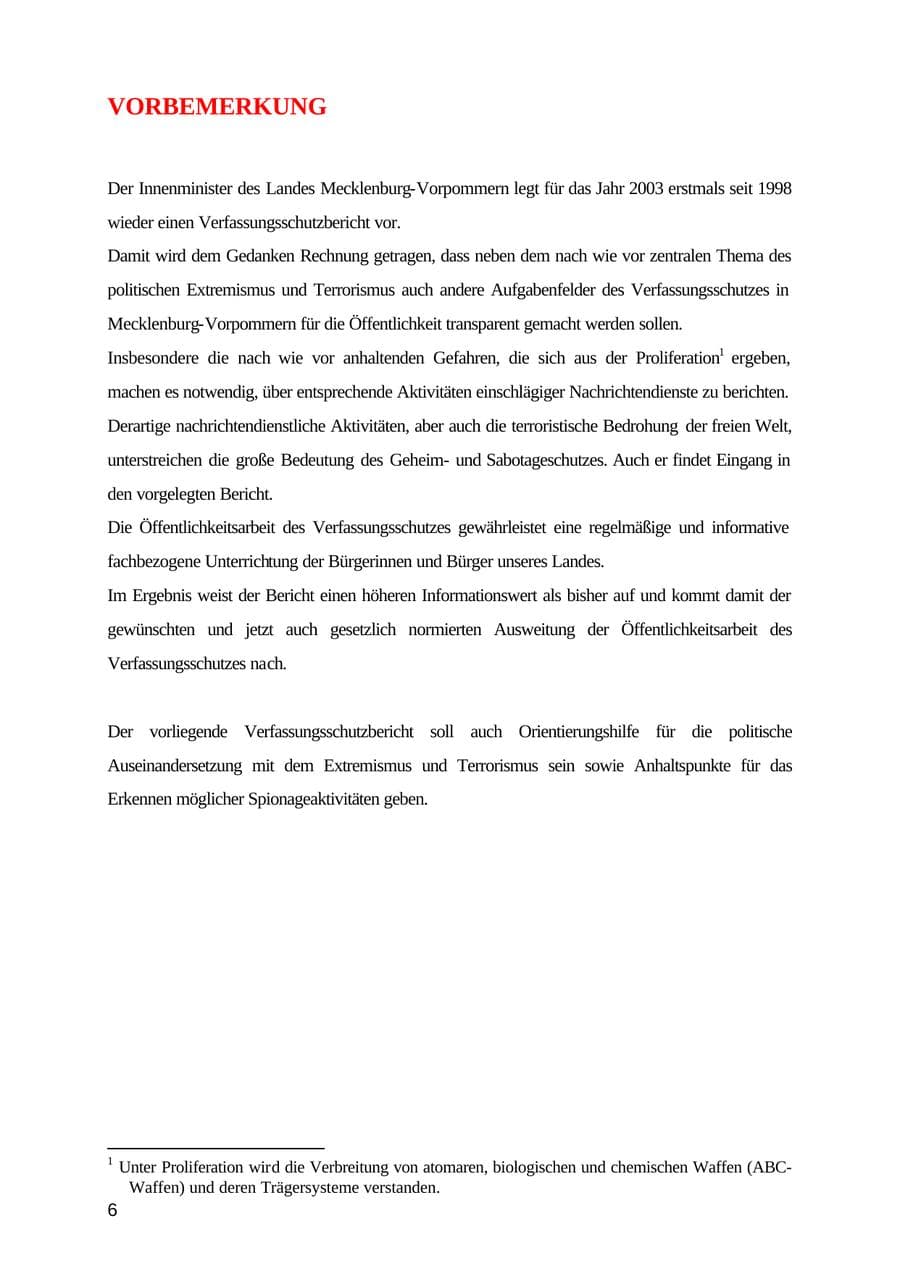 Seite 6 des Verfassungsschutzbericht 2003 Mecklenburg-Vorpommern