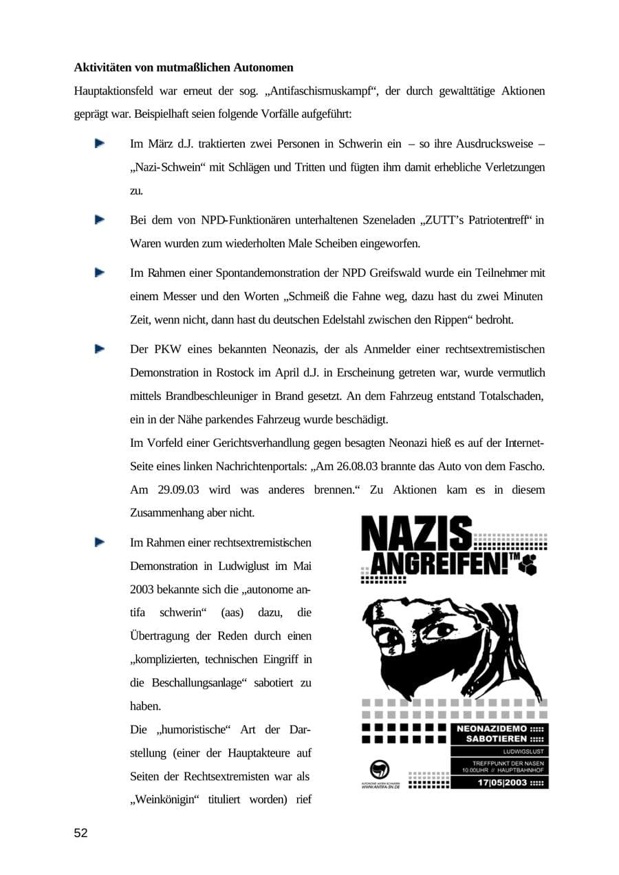 Seite 52 des Verfassungsschutzbericht 2003 Mecklenburg-Vorpommern