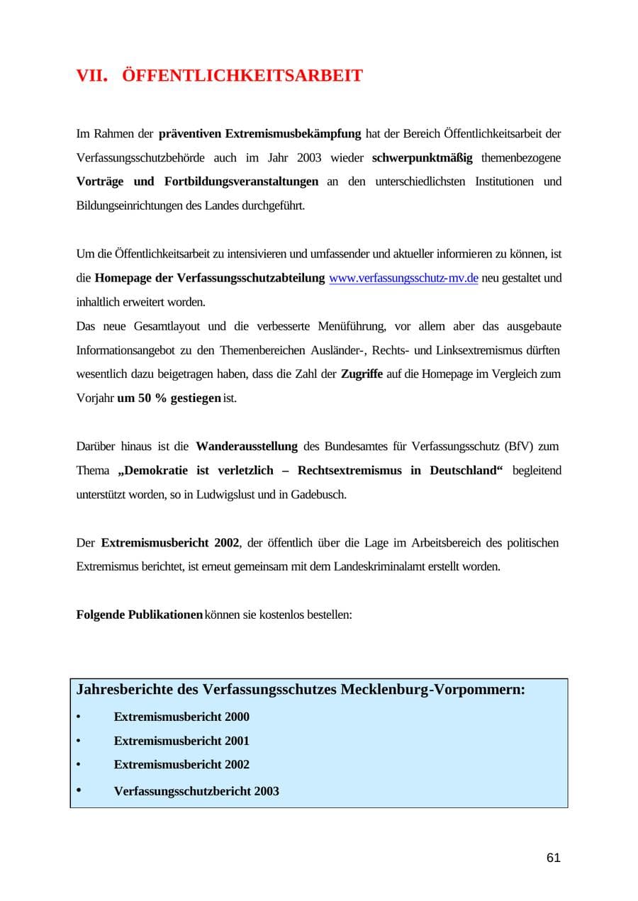 Seite 61 des Verfassungsschutzbericht 2003 Mecklenburg-Vorpommern