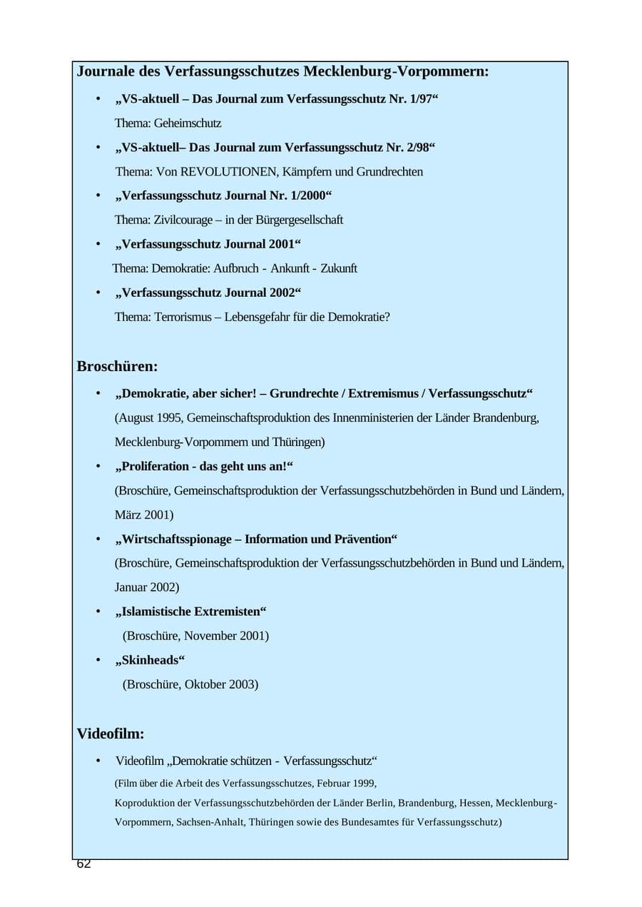 Seite 62 des Verfassungsschutzbericht 2003 Mecklenburg-Vorpommern