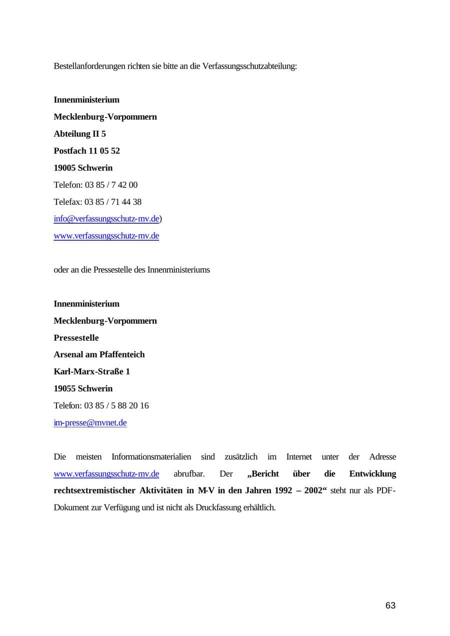 Seite 63 des Verfassungsschutzbericht 2003 Mecklenburg-Vorpommern