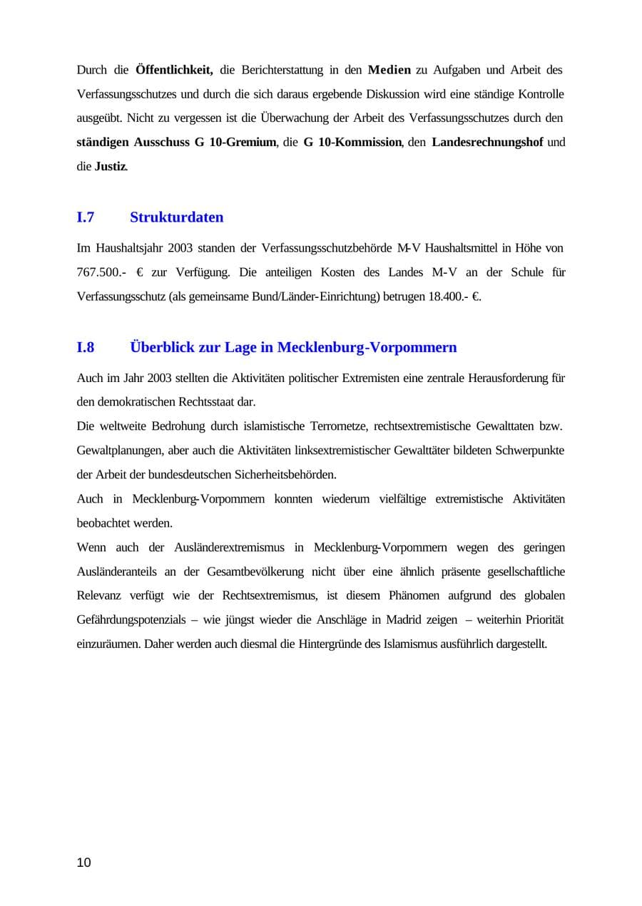 Seite 10 des Verfassungsschutzbericht 2003 Mecklenburg-Vorpommern