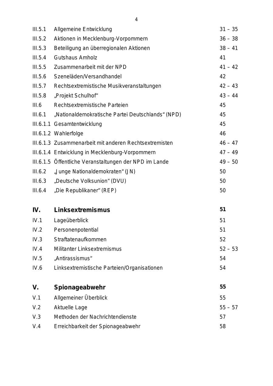 Seite 4 des Verfassungsschutzbericht 2004 Mecklenburg-Vorpommern