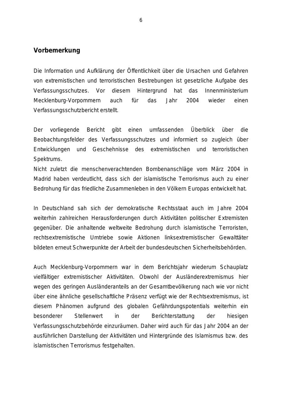 Seite 6 des Verfassungsschutzbericht 2004 Mecklenburg-Vorpommern