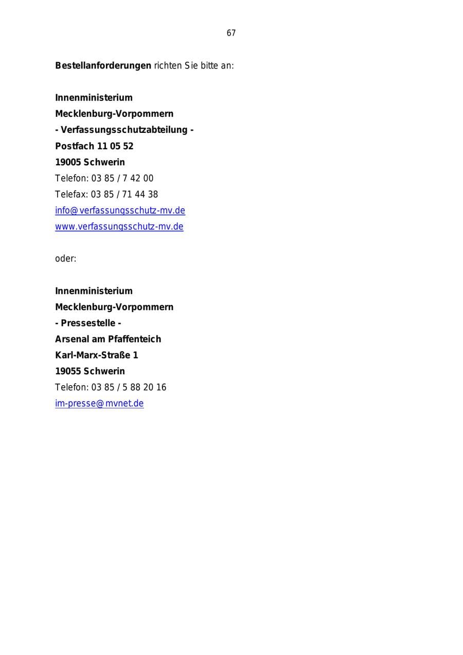 Seite 67 des Verfassungsschutzbericht 2004 Mecklenburg-Vorpommern