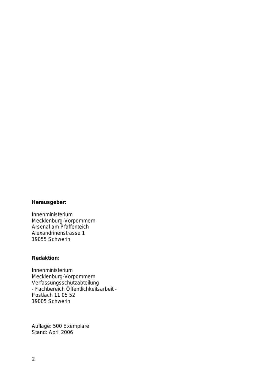 Seite 2 des Verfassungsschutzbericht 2005 Mecklenburg-Vorpommern