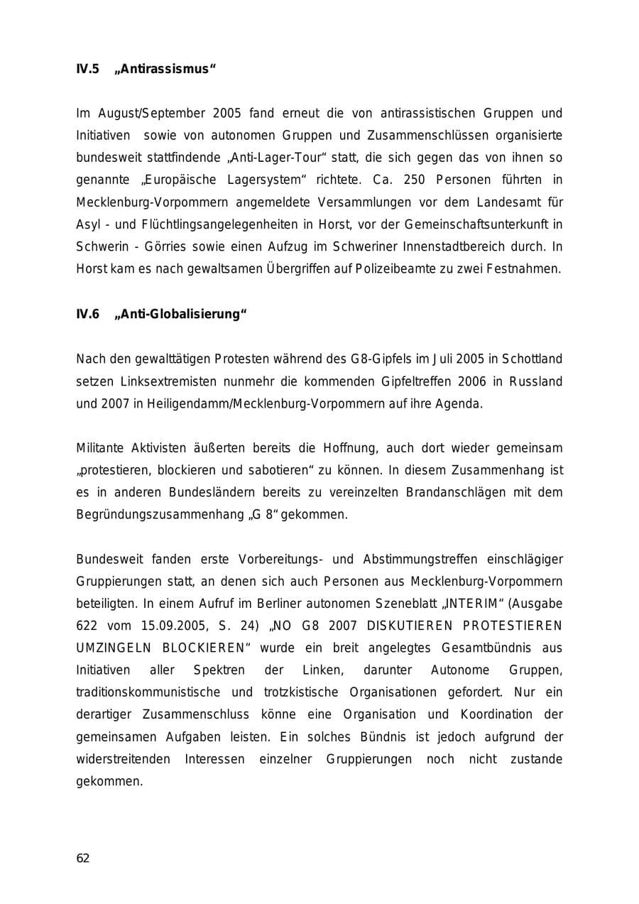 Seite 62 des Verfassungsschutzbericht 2005 Mecklenburg-Vorpommern