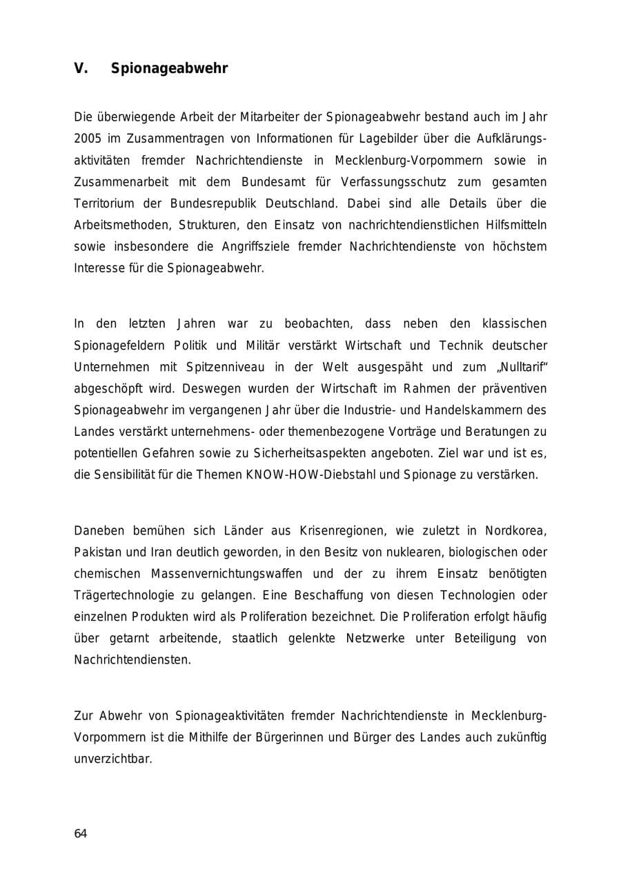 Seite 64 des Verfassungsschutzbericht 2005 Mecklenburg-Vorpommern