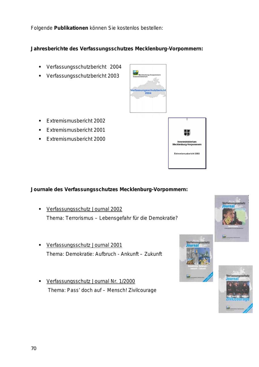 Seite 70 des Verfassungsschutzbericht 2005 Mecklenburg-Vorpommern