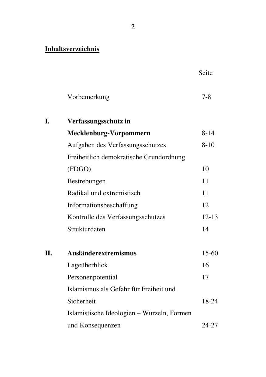 Seite 2 des Verfassungsschutzbericht 2007 Mecklenburg-Vorpommern