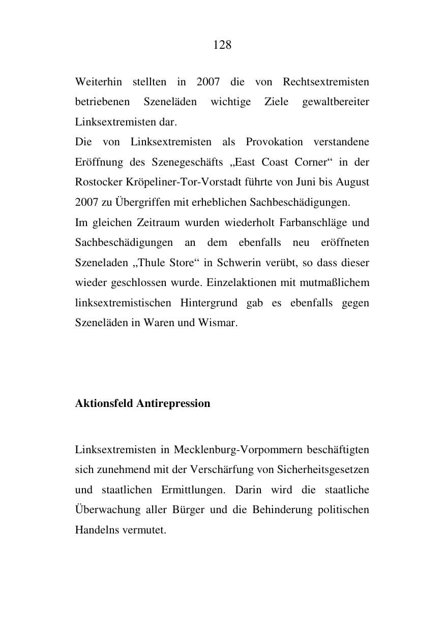 Seite 128 des Verfassungsschutzbericht 2007 Mecklenburg-Vorpommern