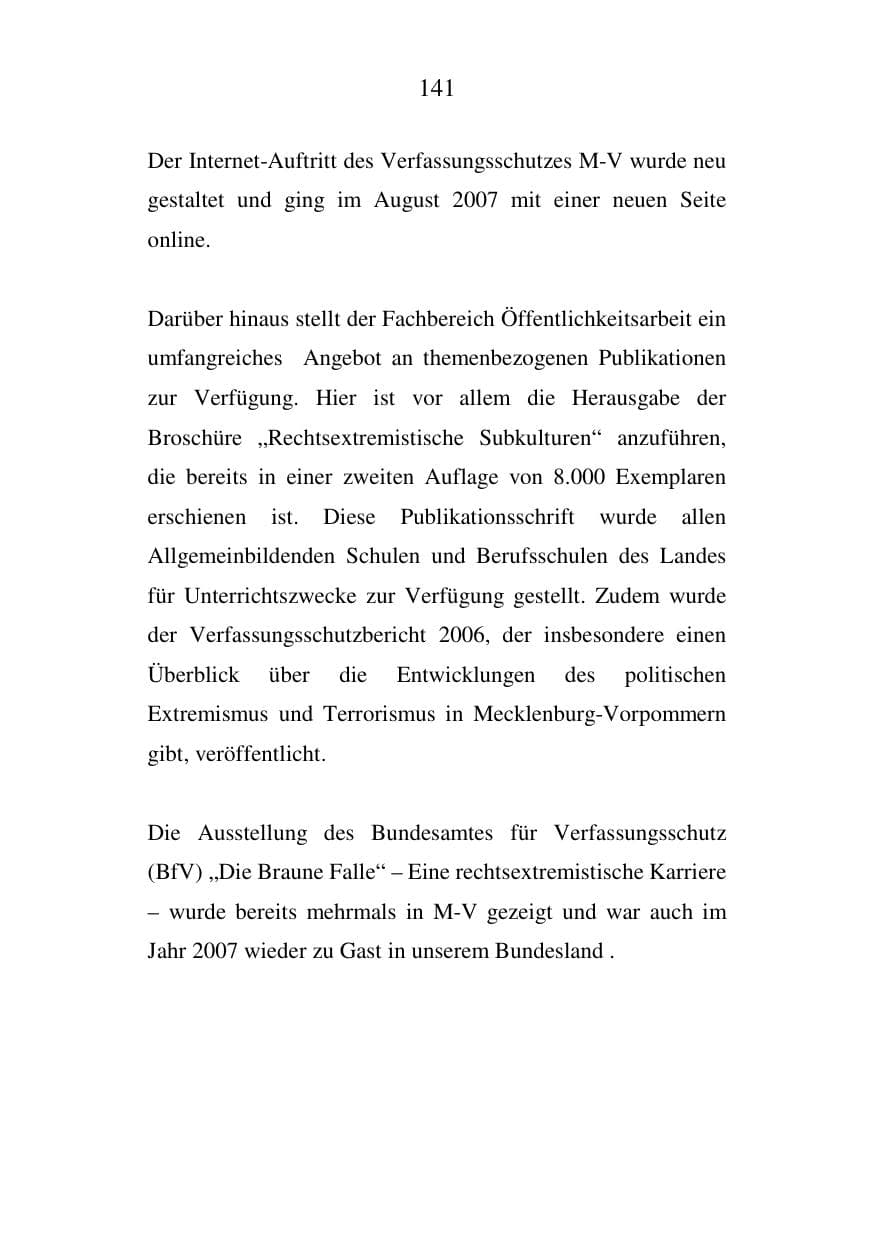 Seite 141 des Verfassungsschutzbericht 2007 Mecklenburg-Vorpommern