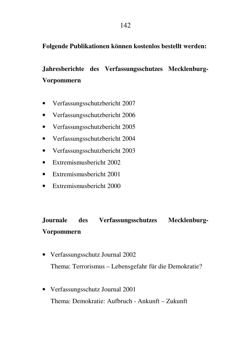 Seite 142 des Verfassungsschutzbericht 2007 Mecklenburg-Vorpommern