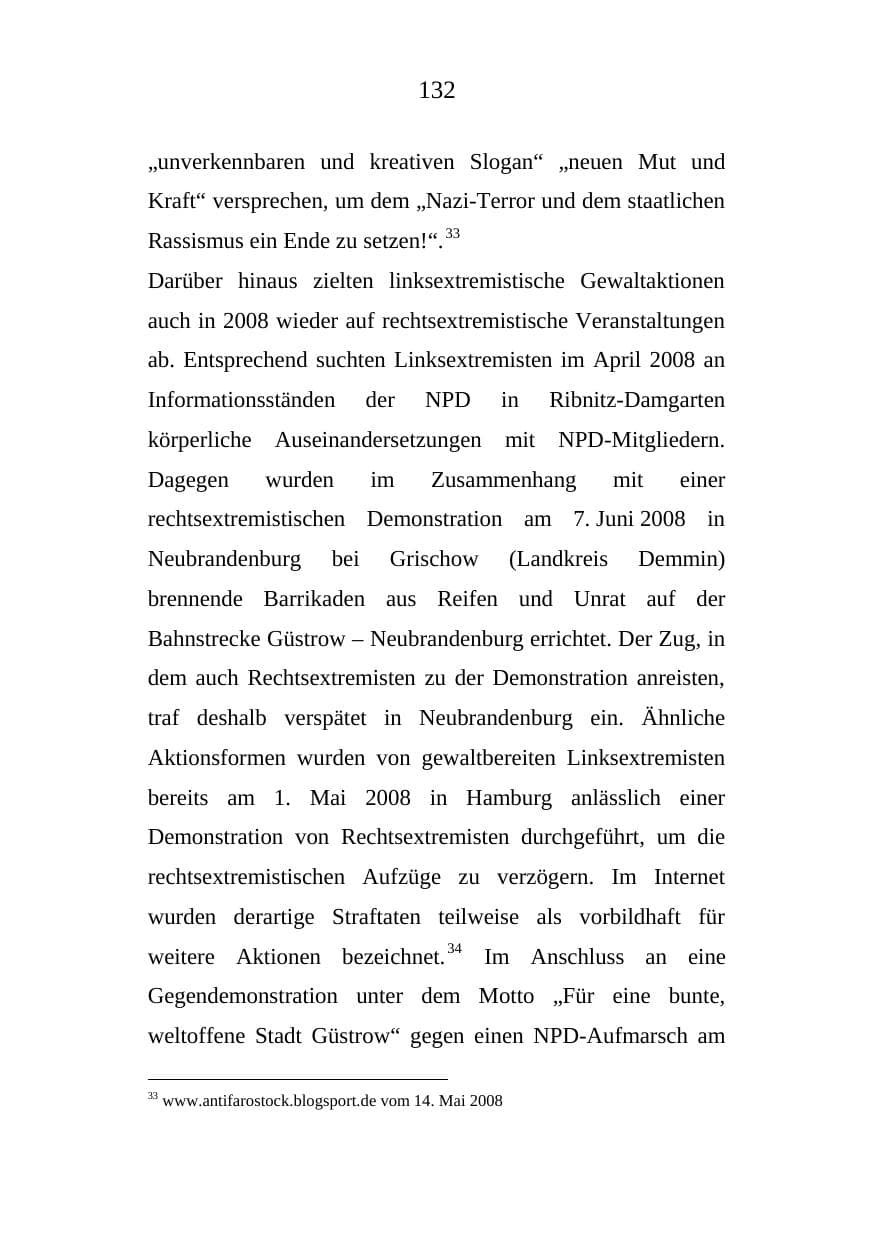 Seite 132 des Verfassungsschutzbericht 2008 Mecklenburg-Vorpommern