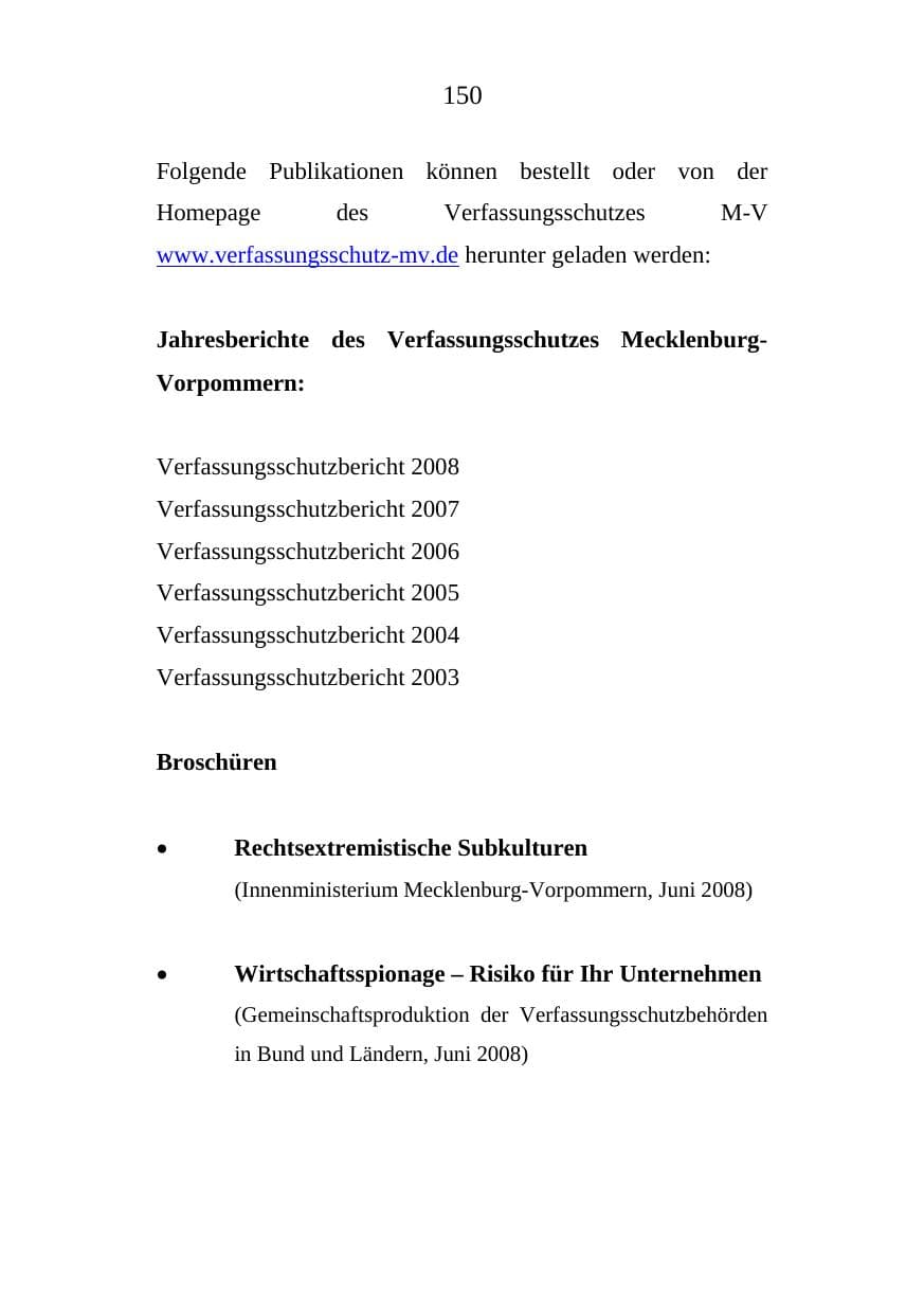 Seite 150 des Verfassungsschutzbericht 2008 Mecklenburg-Vorpommern
