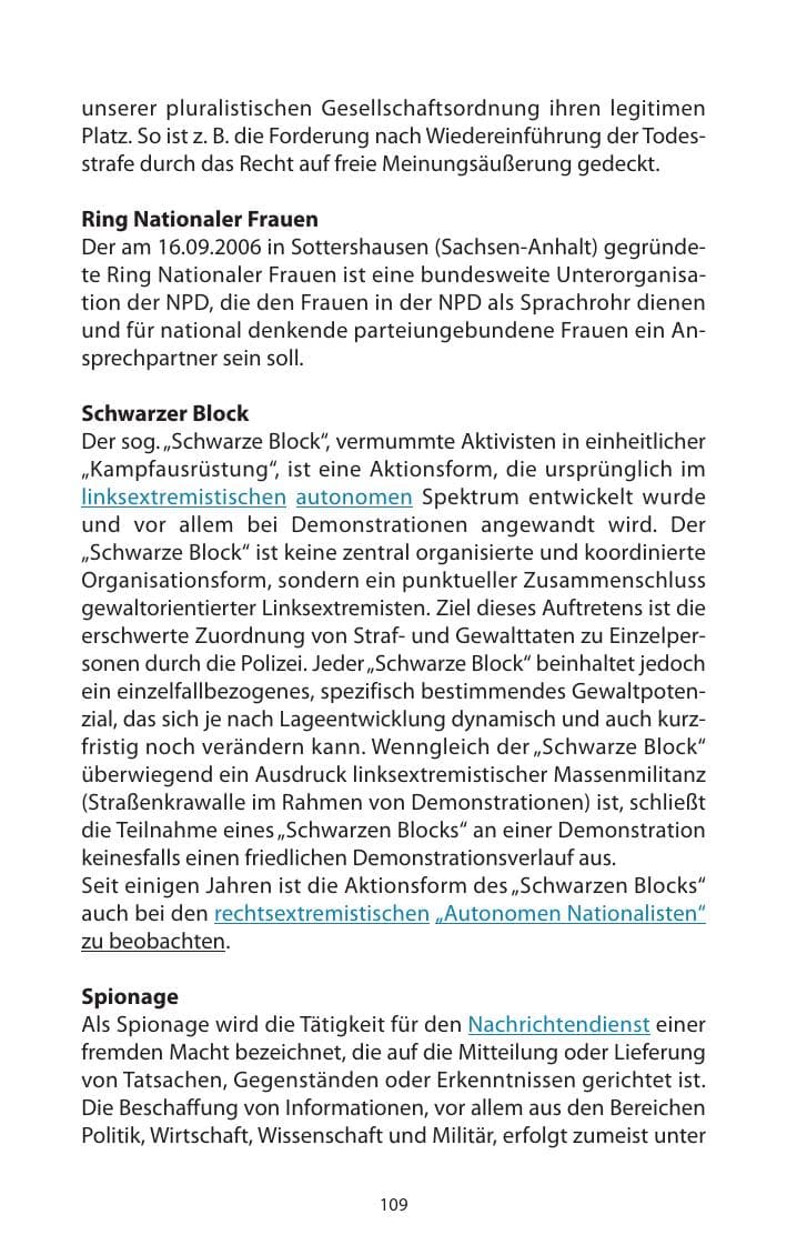 Seite 110 des Verfassungsschutzbericht 2009 Mecklenburg-Vorpommern