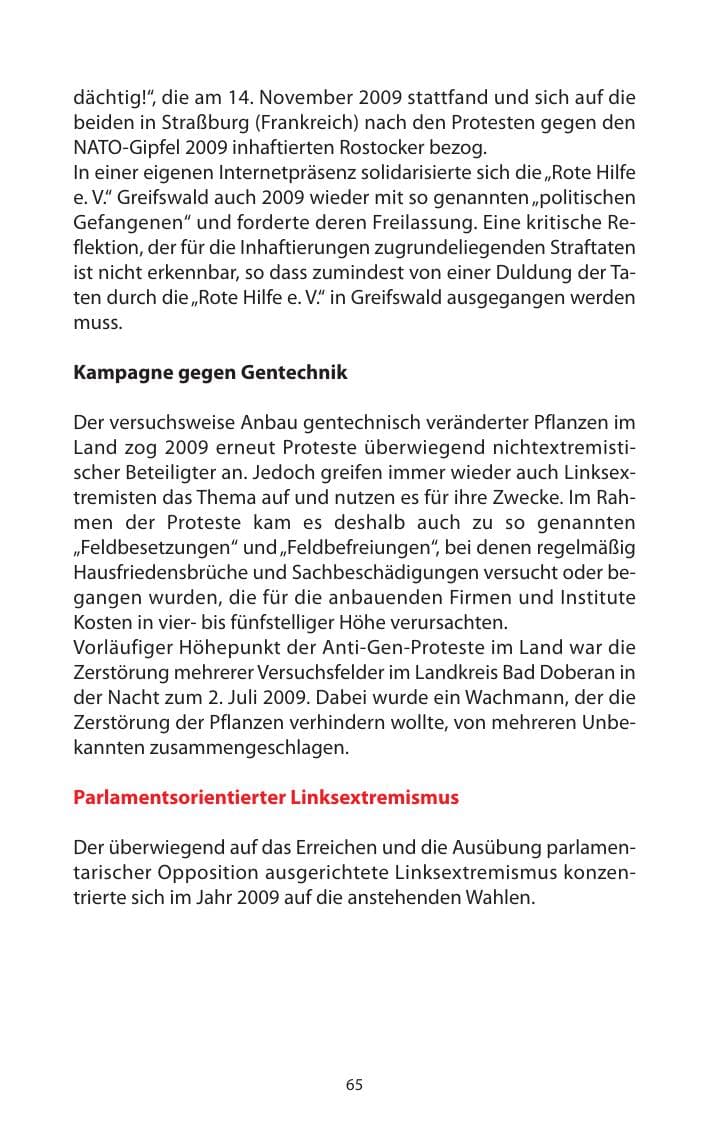 Seite 66 des Verfassungsschutzbericht 2009 Mecklenburg-Vorpommern