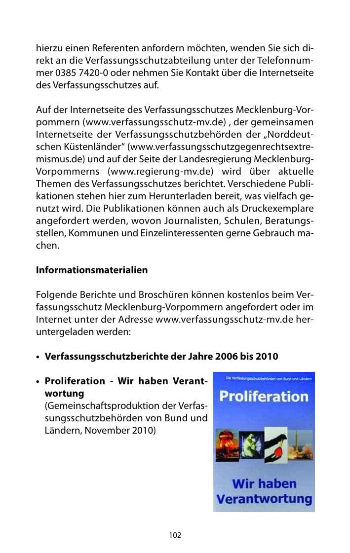 Seite 103 des Verfassungsschutzbericht 2010 Mecklenburg-Vorpommern