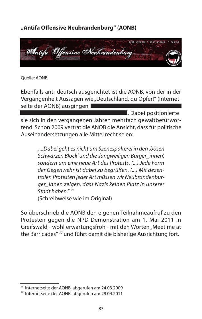 Seite 89 des Verfassungsschutzbericht 2011 Mecklenburg-Vorpommern