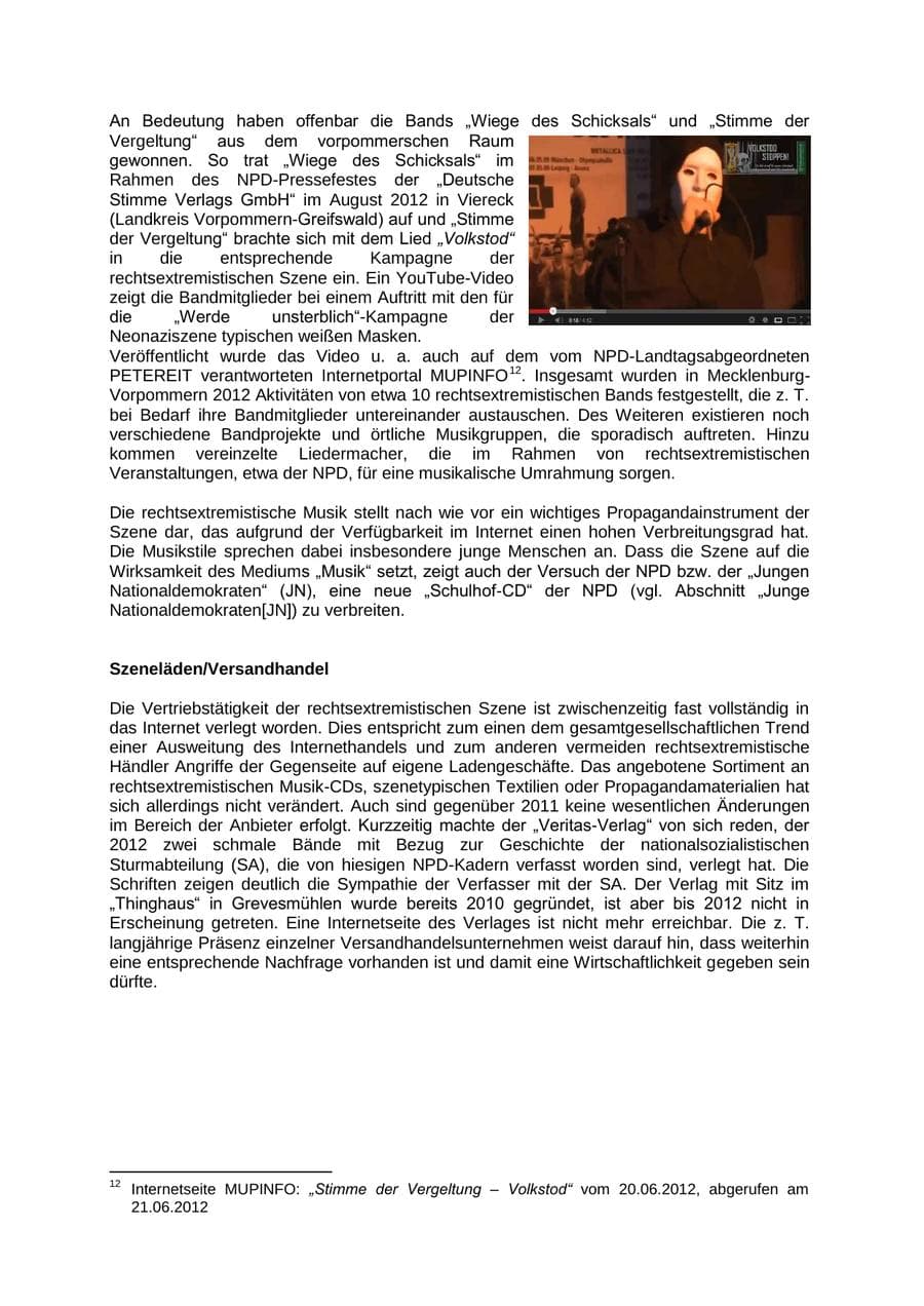 Seite 20 des Verfassungsschutzbericht 2012 Mecklenburg-Vorpommern
