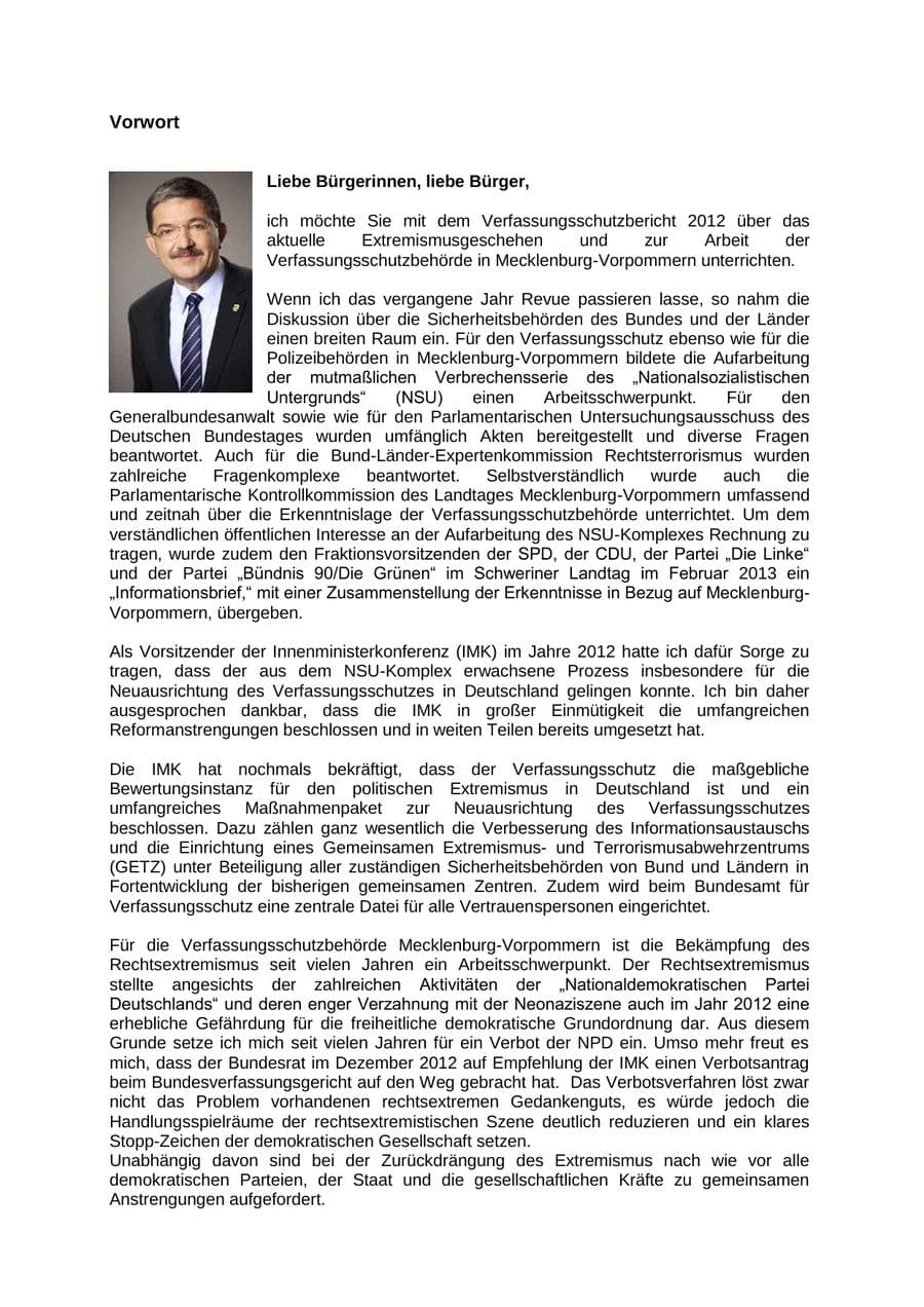 Seite 3 des Verfassungsschutzbericht 2012 Mecklenburg-Vorpommern