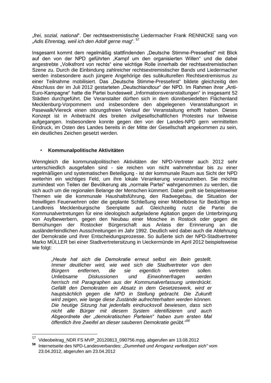 Seite 42 des Verfassungsschutzbericht 2012 Mecklenburg-Vorpommern