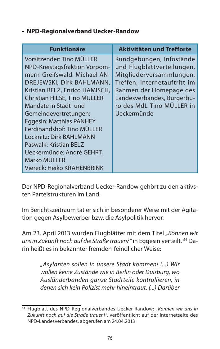 Seite 78 des Verfassungsschutzbericht 2013 Mecklenburg-Vorpommern