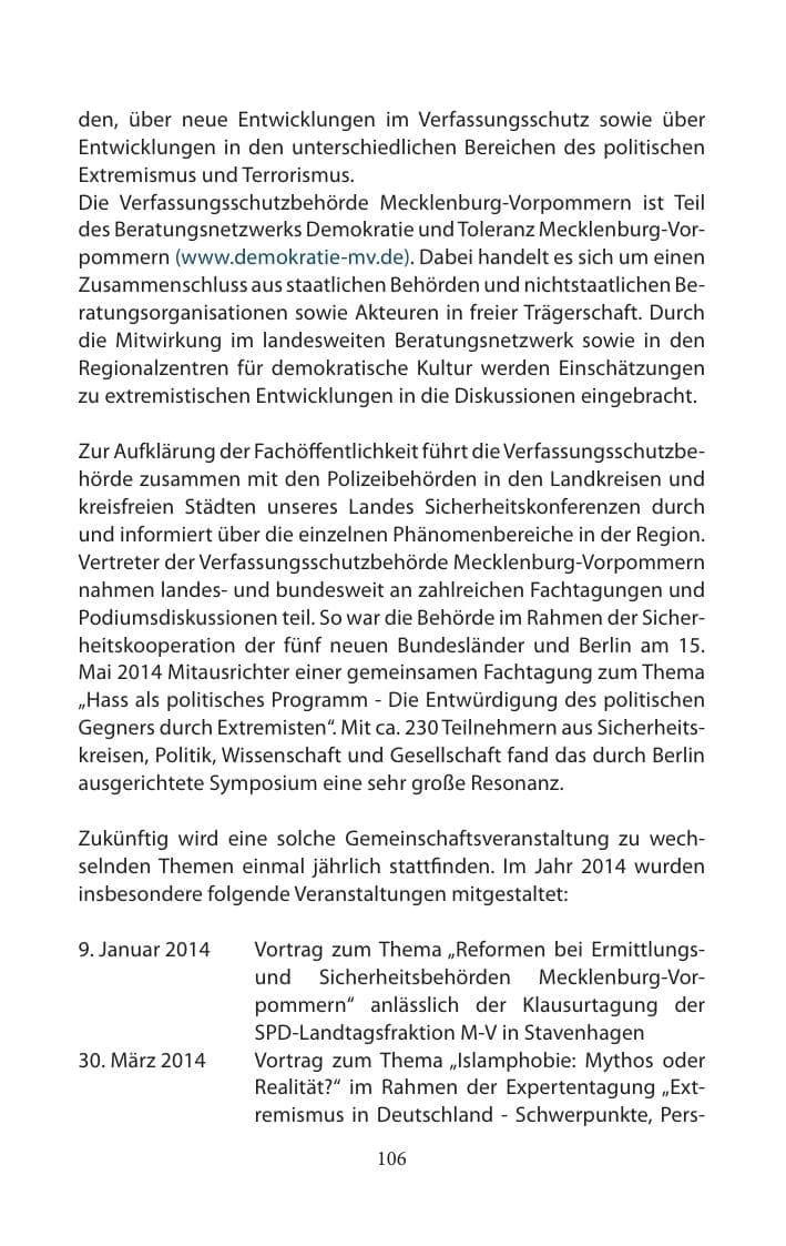 Seite 106 des Verfassungsschutzbericht 2014 Mecklenburg-Vorpommern