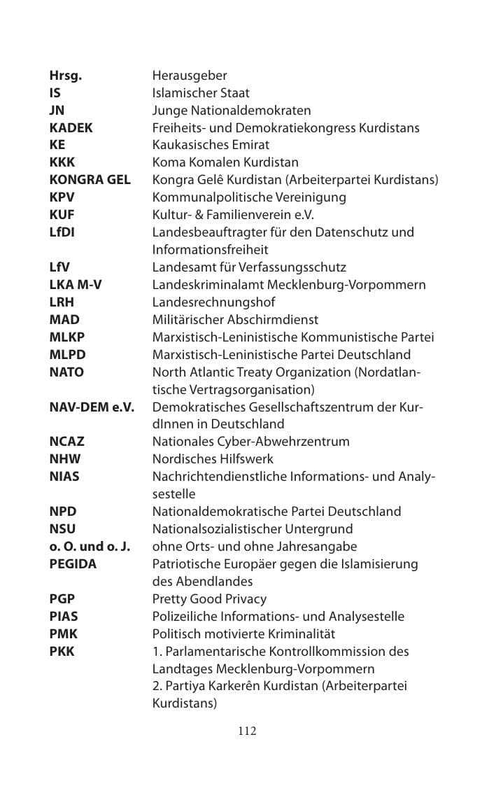 Seite 112 des Verfassungsschutzbericht 2014 Mecklenburg-Vorpommern