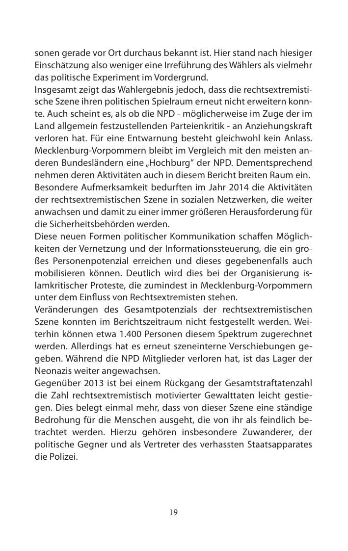 Seite 19 des Verfassungsschutzbericht 2014 Mecklenburg-Vorpommern