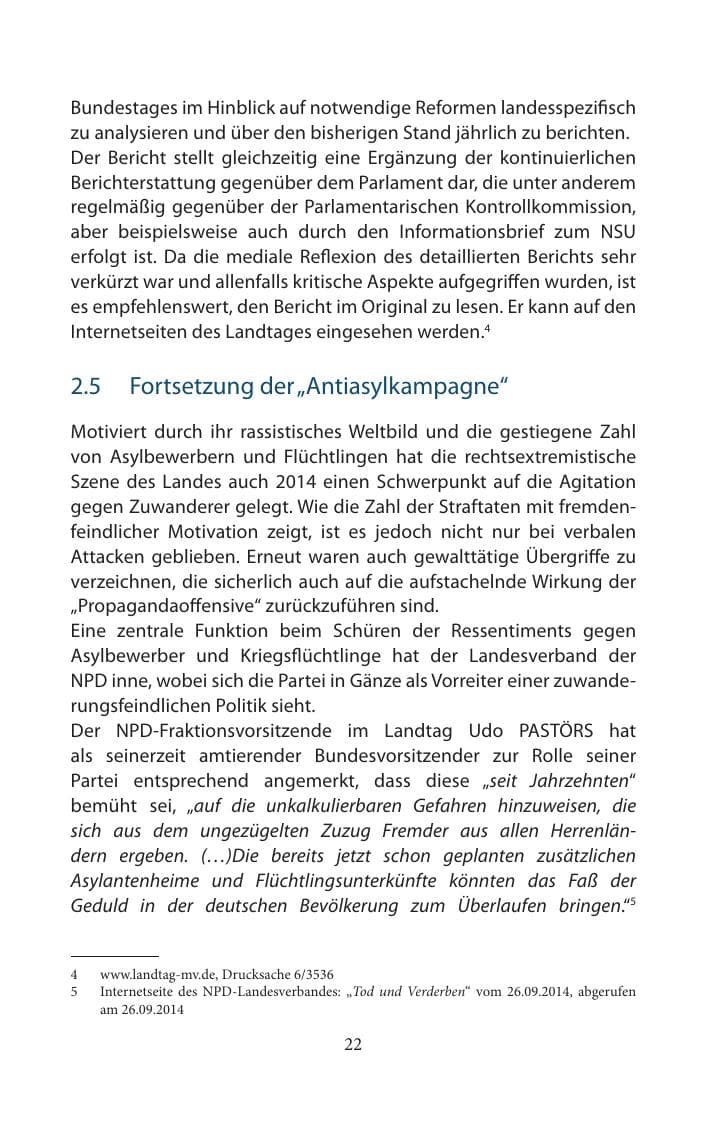 Seite 22 des Verfassungsschutzbericht 2014 Mecklenburg-Vorpommern