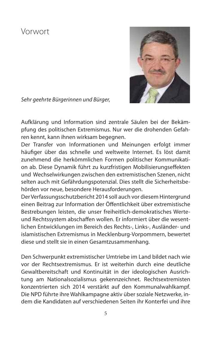 Seite 5 des Verfassungsschutzbericht 2014 Mecklenburg-Vorpommern