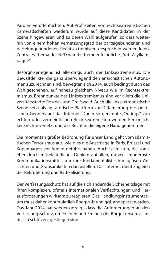 Seite 6 des Verfassungsschutzbericht 2014 Mecklenburg-Vorpommern