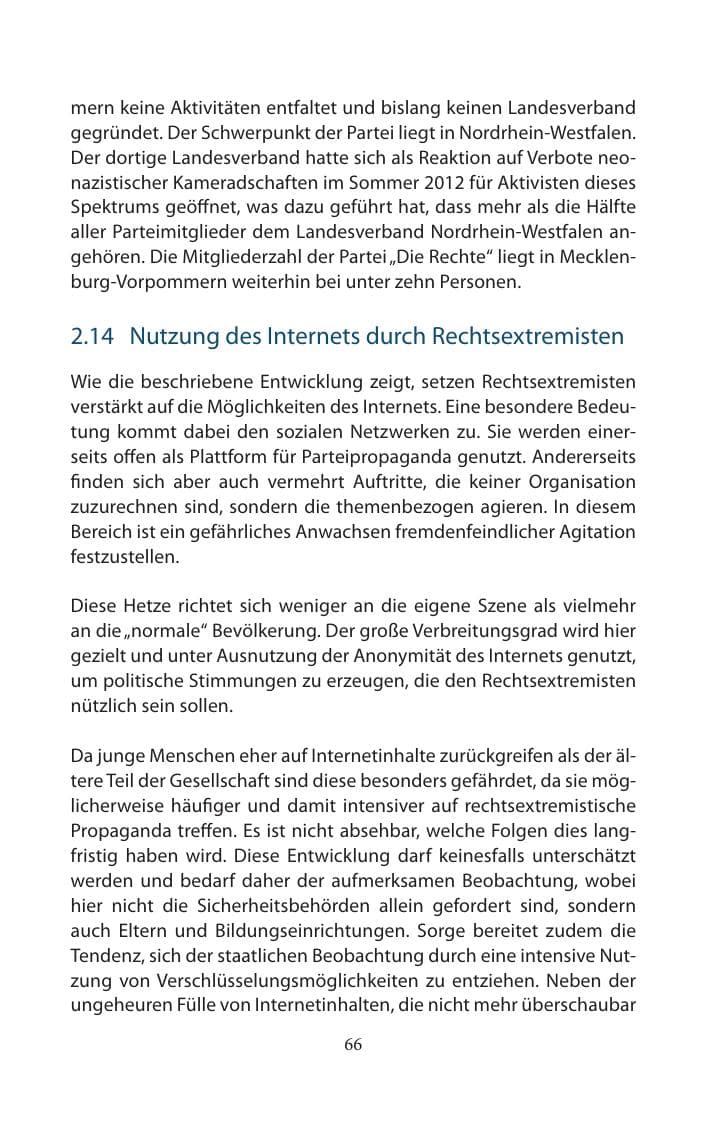 Seite 66 des Verfassungsschutzbericht 2014 Mecklenburg-Vorpommern